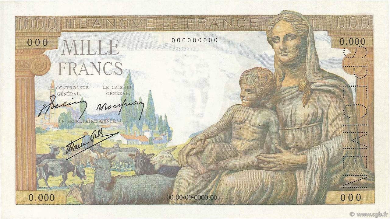 1000 Francs DÉESSE DÉMÉTER Spécimen FRANCE  1942 F.40.01Sp pr.NEUF
