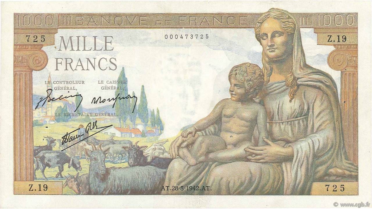 1000 Francs DÉESSE DÉMÉTER FRANCE  1942 F.40.01 VF