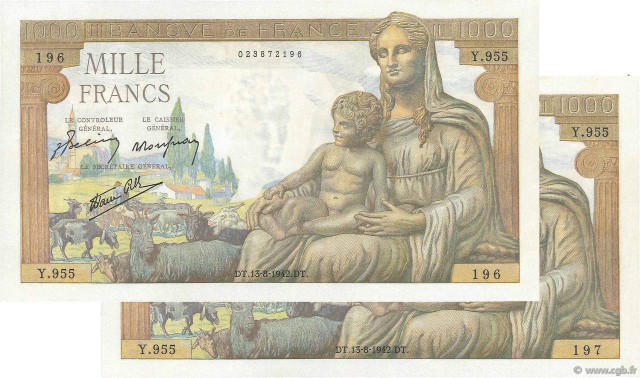 1000 Francs DÉESSE DÉMÉTER Consécutifs FRANCIA  1942 F.40.04 FDC