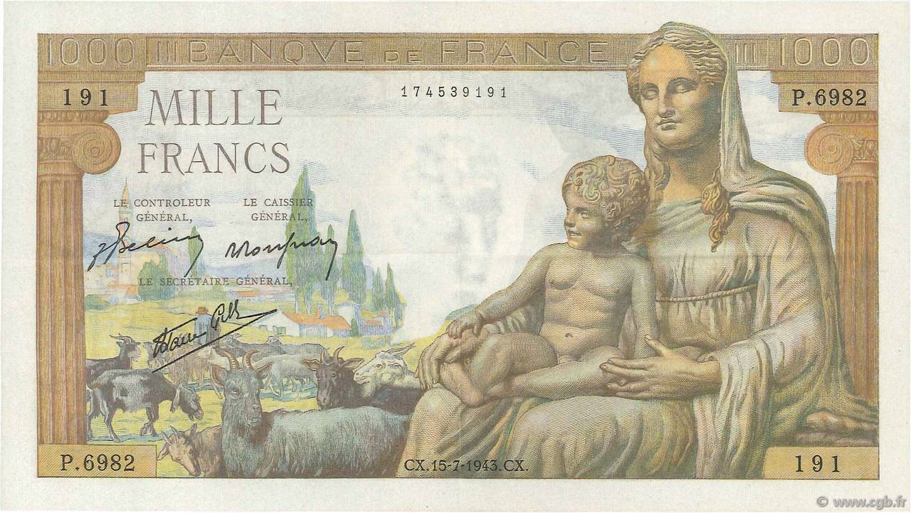 1000 Francs DÉESSE DÉMÉTER FRANCIA  1943 F.40.30 SPL