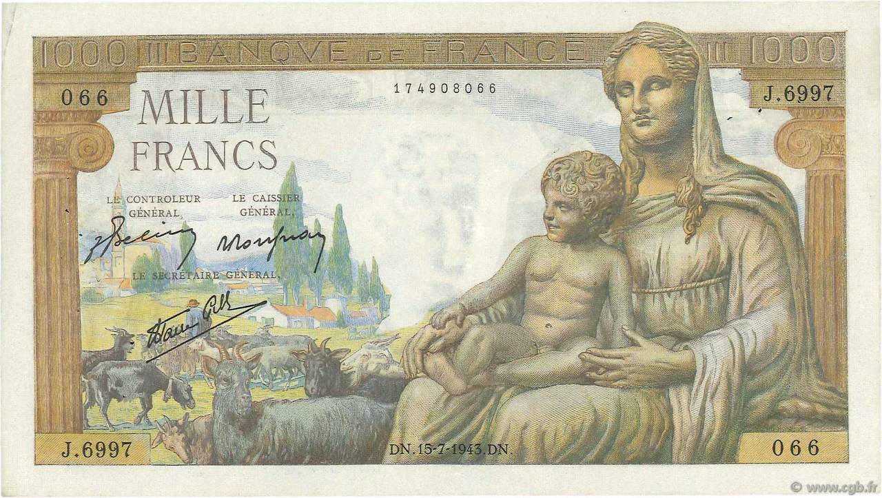 1000 Francs DÉESSE DÉMÉTER FRANKREICH  1943 F.40.30 SS