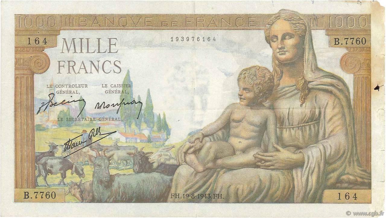 1000 Francs DÉESSE DÉMÉTER FRANCIA  1943 F.40.33 BC+