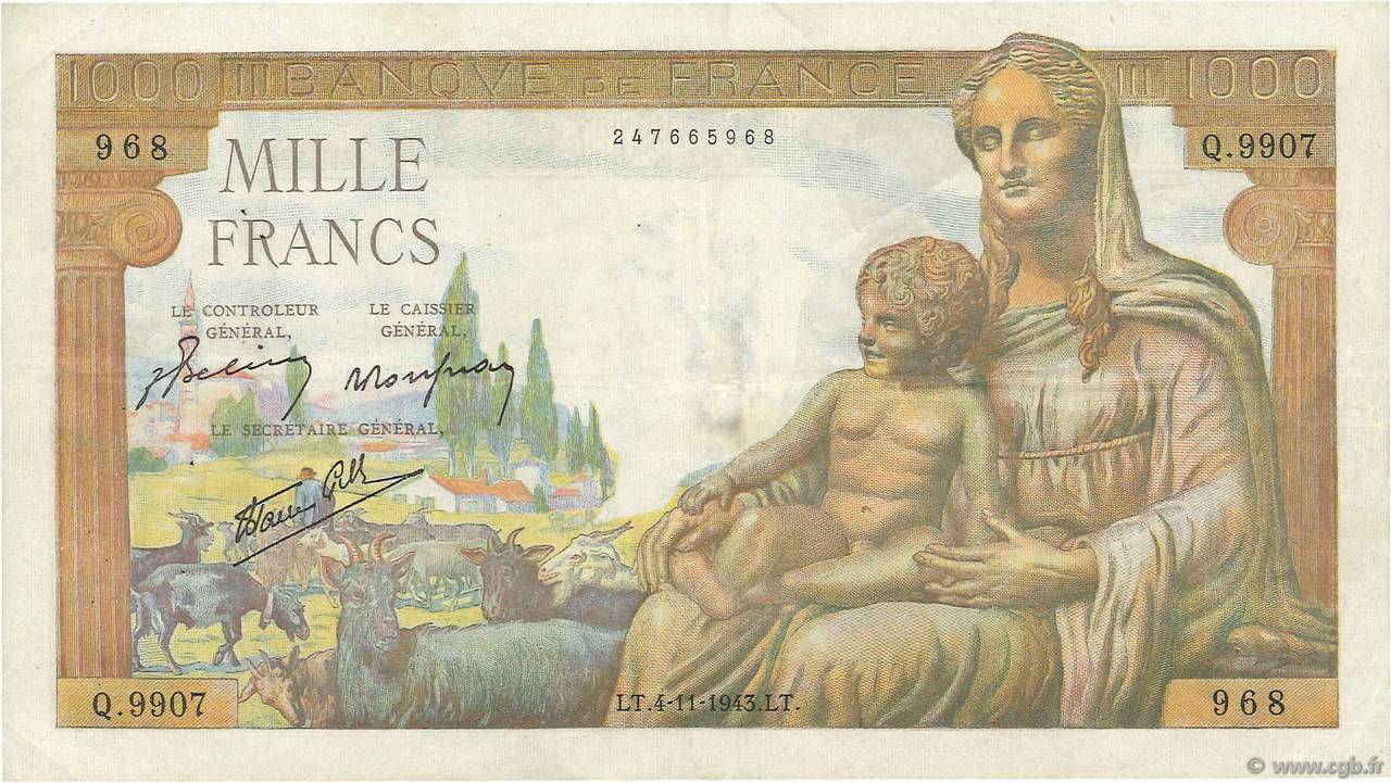 1000 Francs DÉESSE DÉMÉTER FRANCE  1943 F.40.39 VF