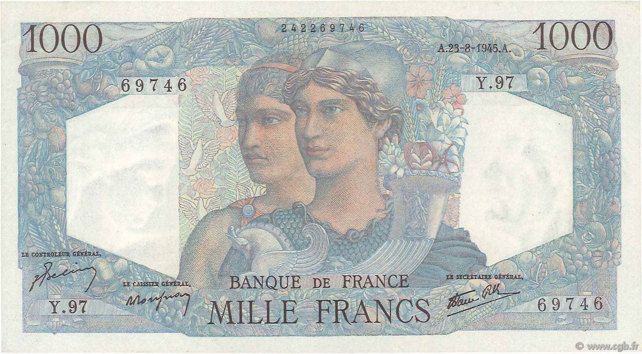 1000 Francs MINERVE ET HERCULE FRANCE  1945 F.41.07 AU
