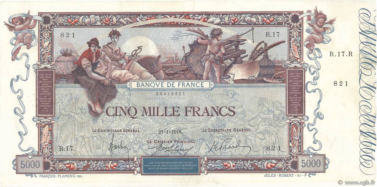 5000 Francs FLAMENG FRANCE  1918 F.43.01 XF+