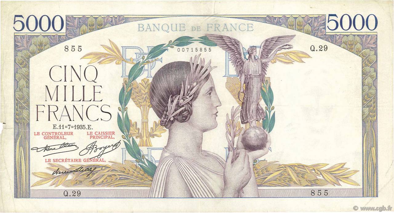 5000 Francs VICTOIRE FRANCIA  1935 F.44.03 BC+