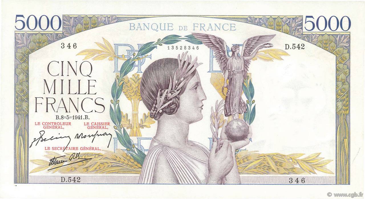 5000 Francs VICTOIRE Impression à plat FRANCIA  1941 F.46.21 EBC+