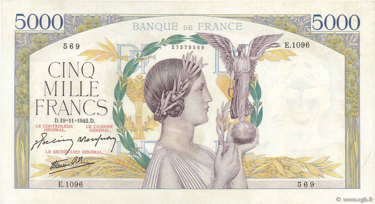 5000 Francs VICTOIRE Impression à plat FRANCIA  1942 F.46.44 q.AU
