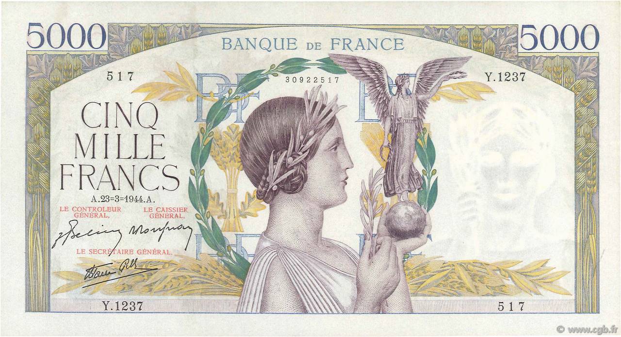 5000 Francs VICTOIRE Impression à plat FRANCE  1944 F.46.50 XF