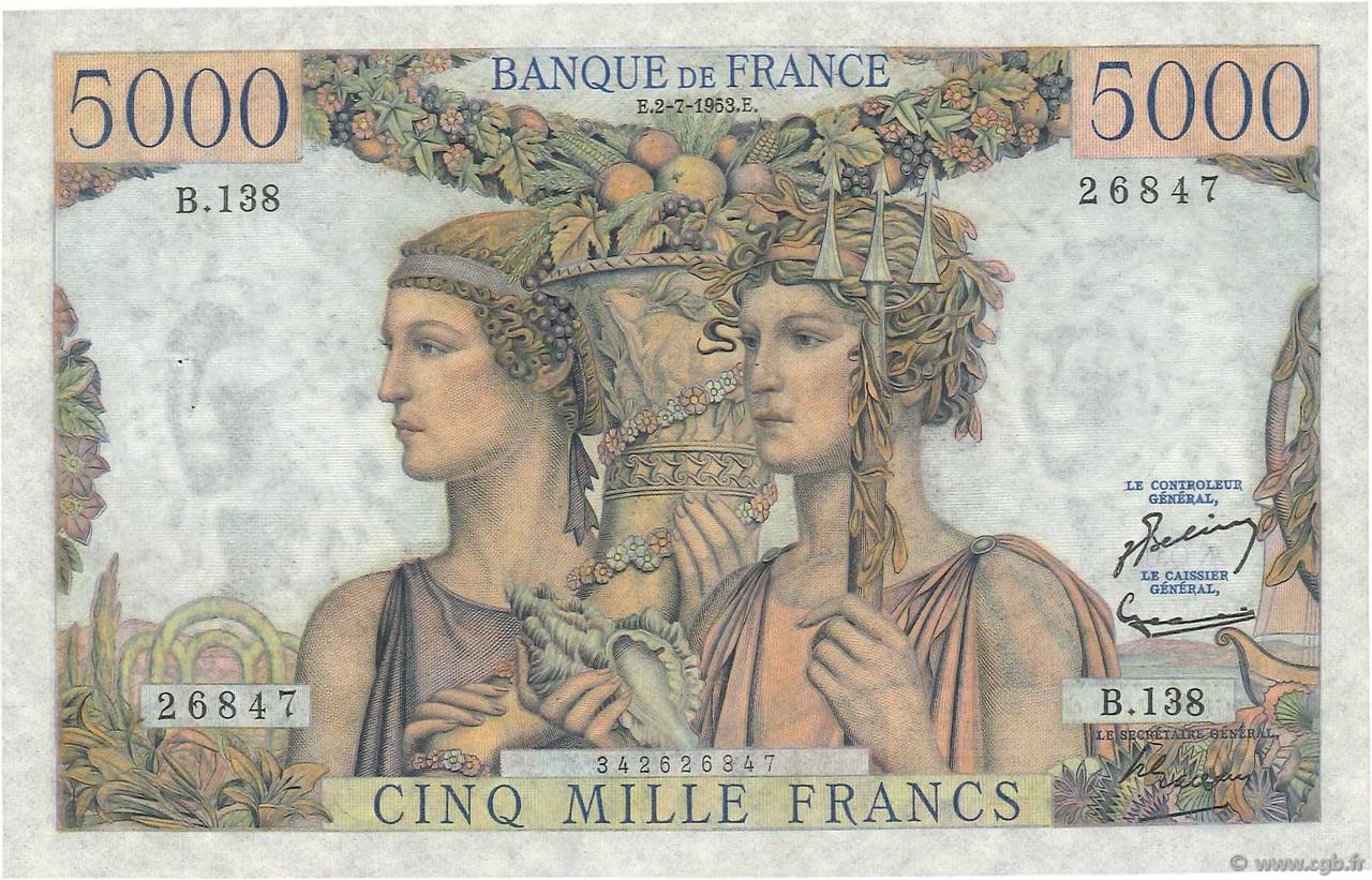 5000 Francs TERRE ET MER FRANCE  1953 F.48.09 AU
