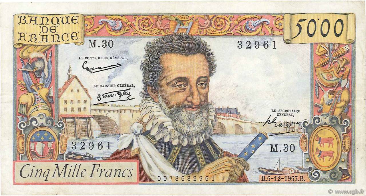 5000 Francs HENRI IV FRANCIA  1957 F.49.04 MBC