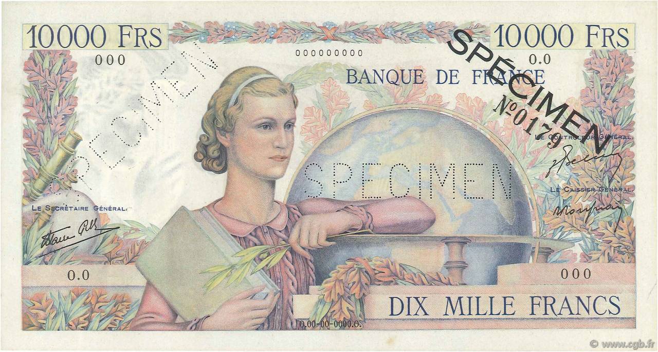 10000 Francs GÉNIE FRANÇAIS Spécimen FRANCE  1945 F.50.01Spn UNC-