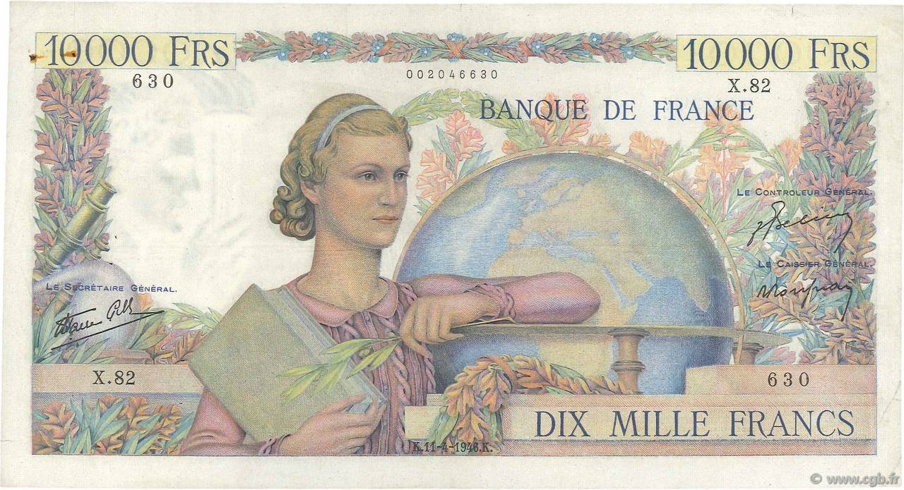 10000 Francs GÉNIE FRANÇAIS FRANCIA  1946 F.50.04 MBC