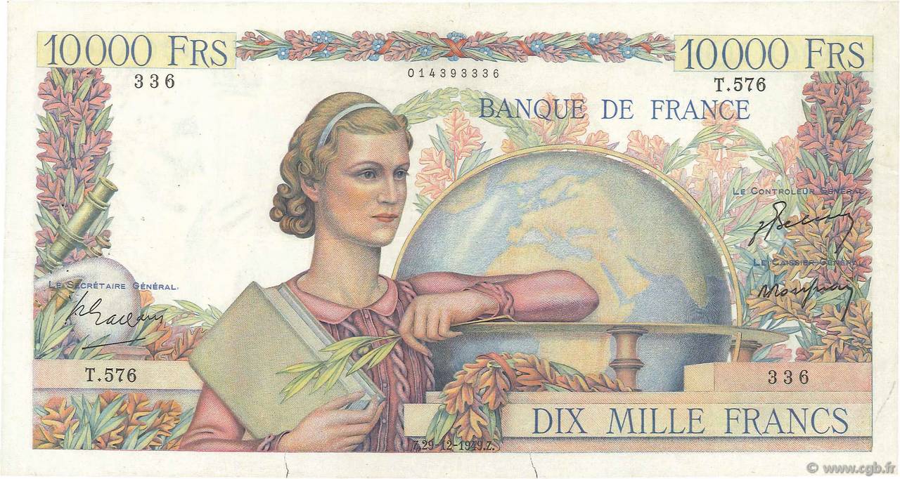 10000 Francs GÉNIE FRANÇAIS FRANCIA  1949 F.50.24 MBC