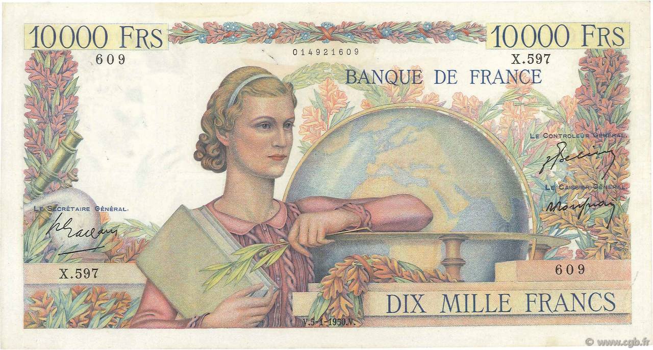 10000 Francs GÉNIE FRANÇAIS FRANCIA  1950 F.50.25 MBC