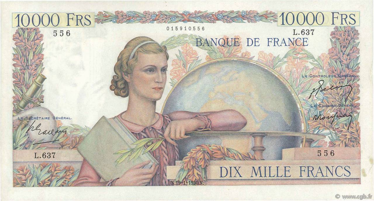 10000 Francs GÉNIE FRANÇAIS FRANCIA  1950 F.50.27 MBC+