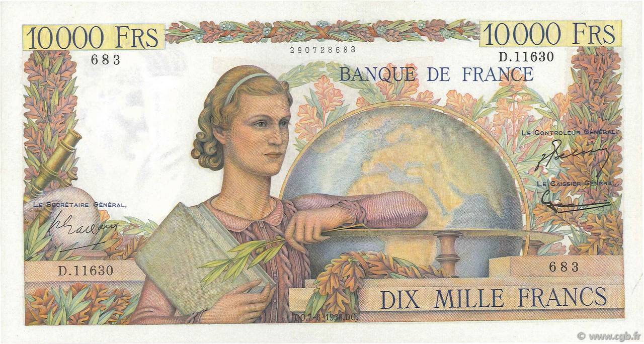 10000 Francs GÉNIE FRANÇAIS FRANCE  1956 F.50.81 AU+