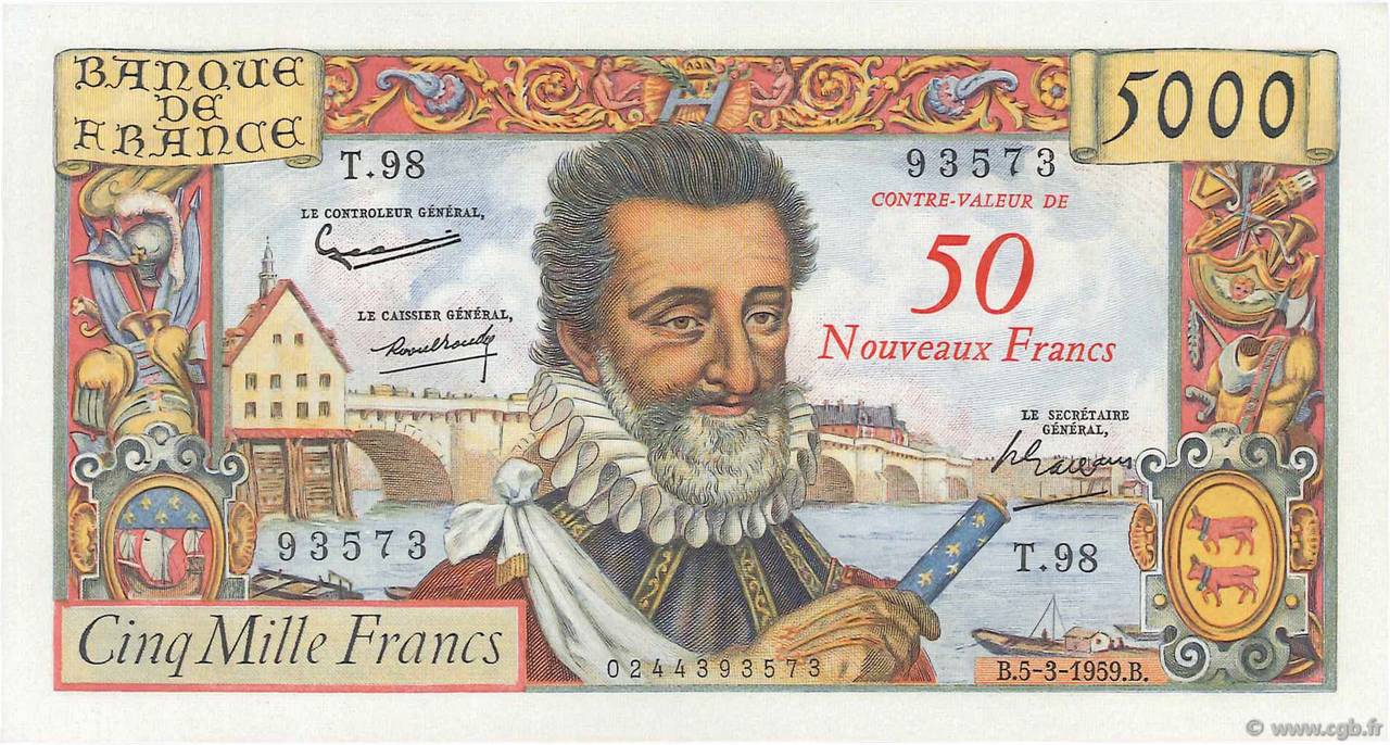 50 NF sur 5000 Francs HENRI IV FRANCE  1959 F.54.02 SPL