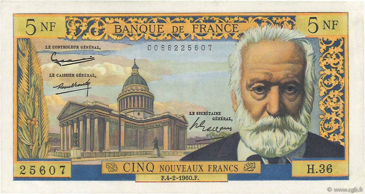 5 Nouveaux Francs VICTOR HUGO FRANKREICH  1960 F.56.05 VZ+
