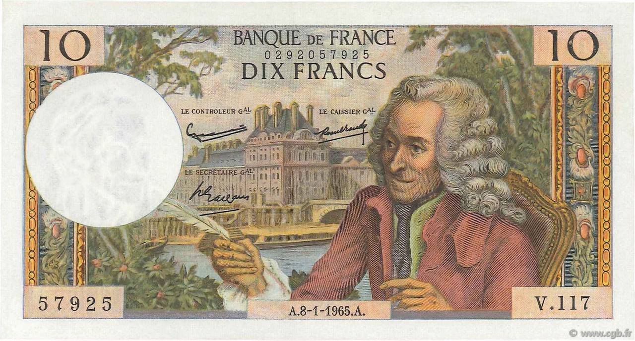 10 Francs VOLTAIRE FRANKREICH  1965 F.62.12 VZ+