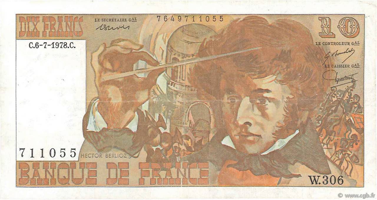 10 Francs BERLIOZ FRANCE  1978 F.63.25W306 VF