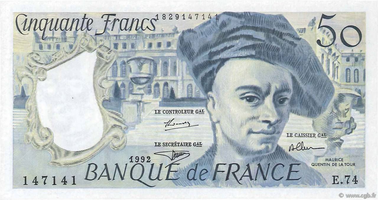 50 Francs QUENTIN DE LA TOUR FRANCIA  1992 F.67.19e FDC