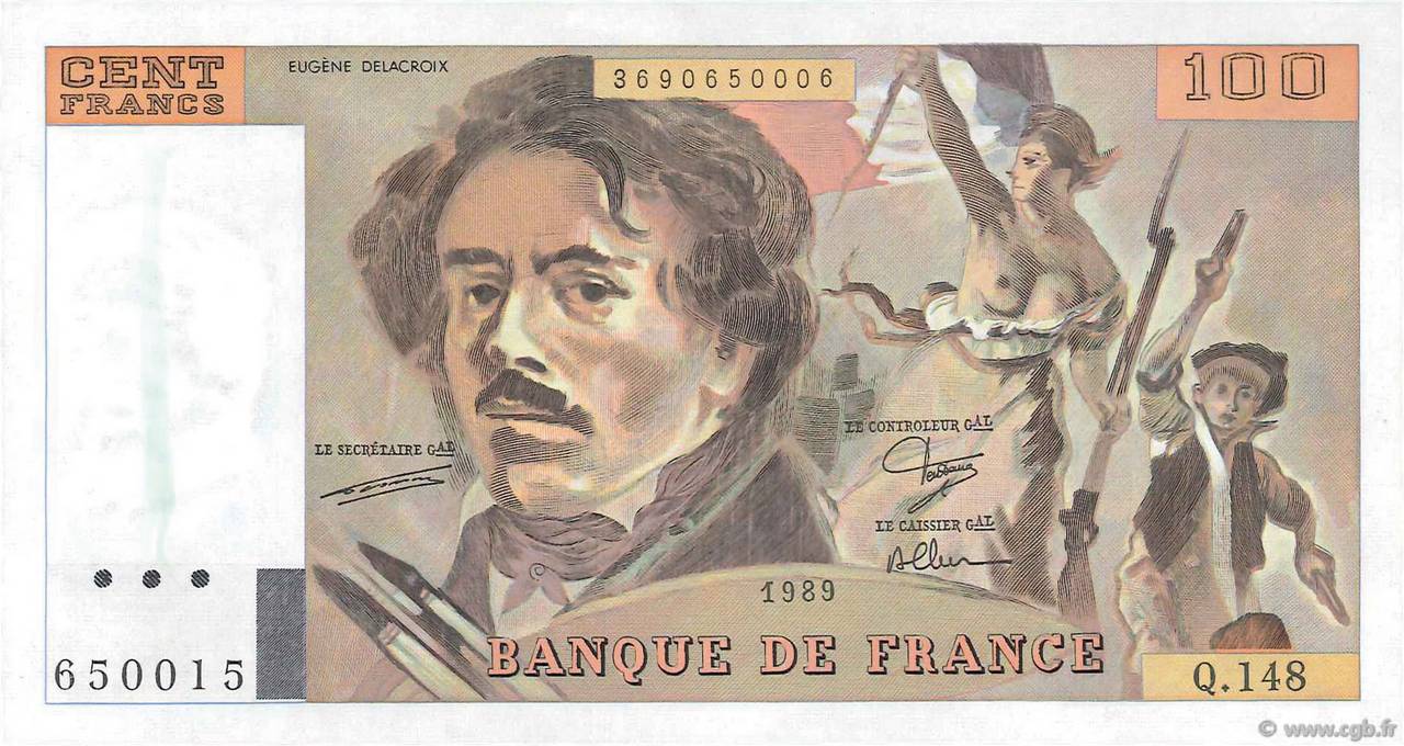 100 Francs DELACROIX modifié Fauté FRANCE  1989 F.69.13c pr.NEUF