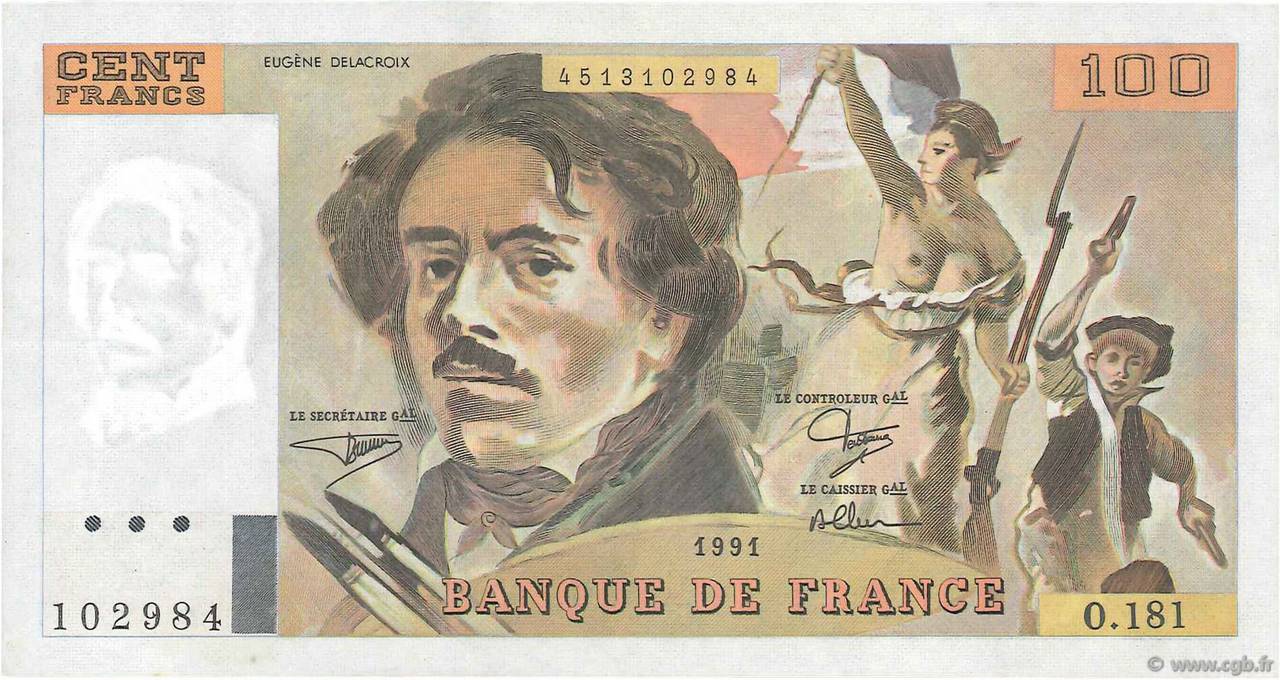 100 Francs DELACROIX imprimé en continu FRANCE  1991 F.69bis.03b1 SUP+