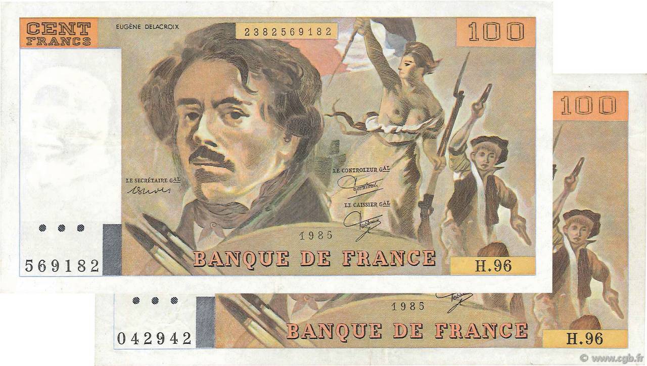 100 Francs DELACROIX  UNIFACE Lot FRANCE  1985 F.69U.09 VF