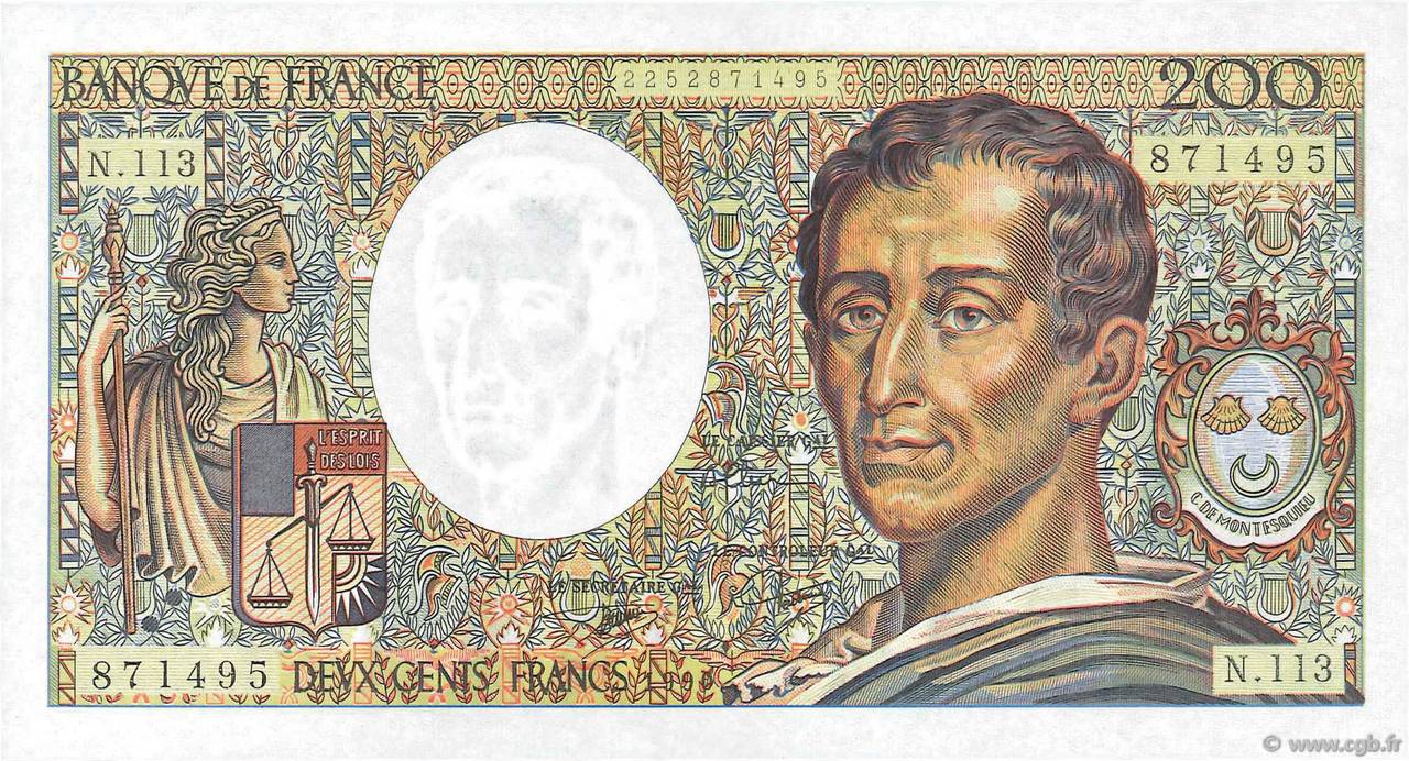 200 Francs MONTESQUIEU FRANKREICH  1990 F.70.10c fST+