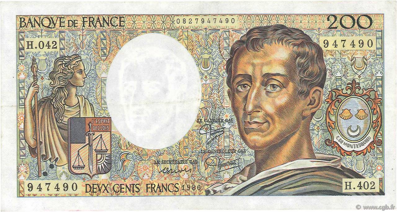 200 Francs MONTESQUIEU alphabet H.402 FRANCIA  1986 F.70ter.01 BB