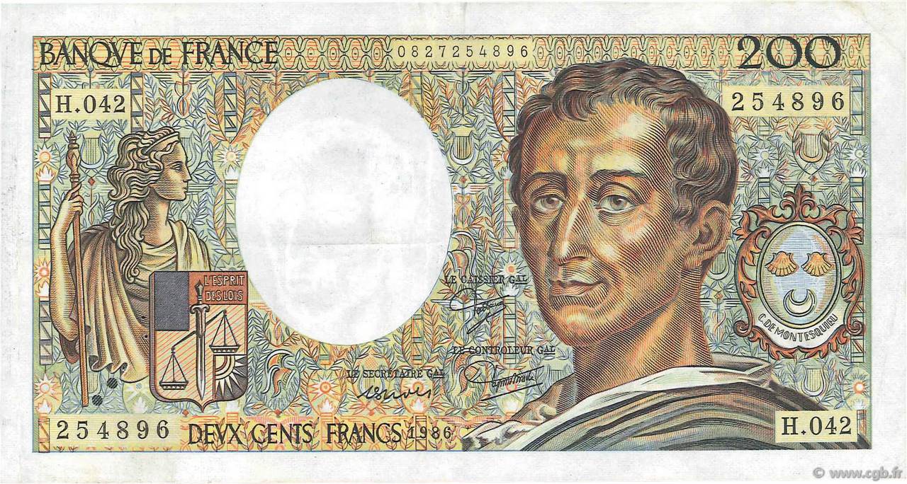 200 Francs MONTESQUIEU alphabet H.402 FRANCIA  1986 F.70ter.01a MBC
