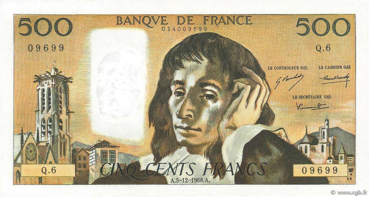 500 Francs PASCAL FRANCE  1968 F.71.02 SPL