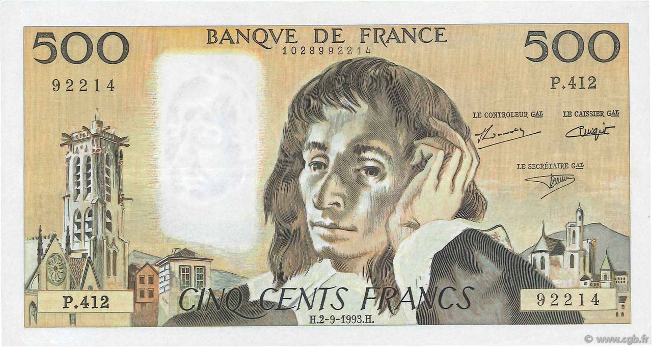500 Francs PASCAL FRANCE  1993 F.71.52-412 XF-