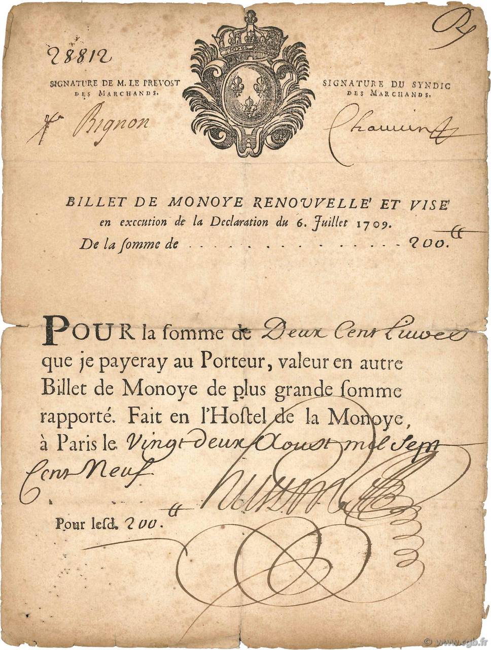 200 Livres FRANCE  1709 Laf.13 F