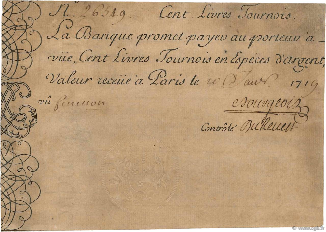 100 Livres Tournois gravé FRANKREICH  1719 Dor.03 fVZ