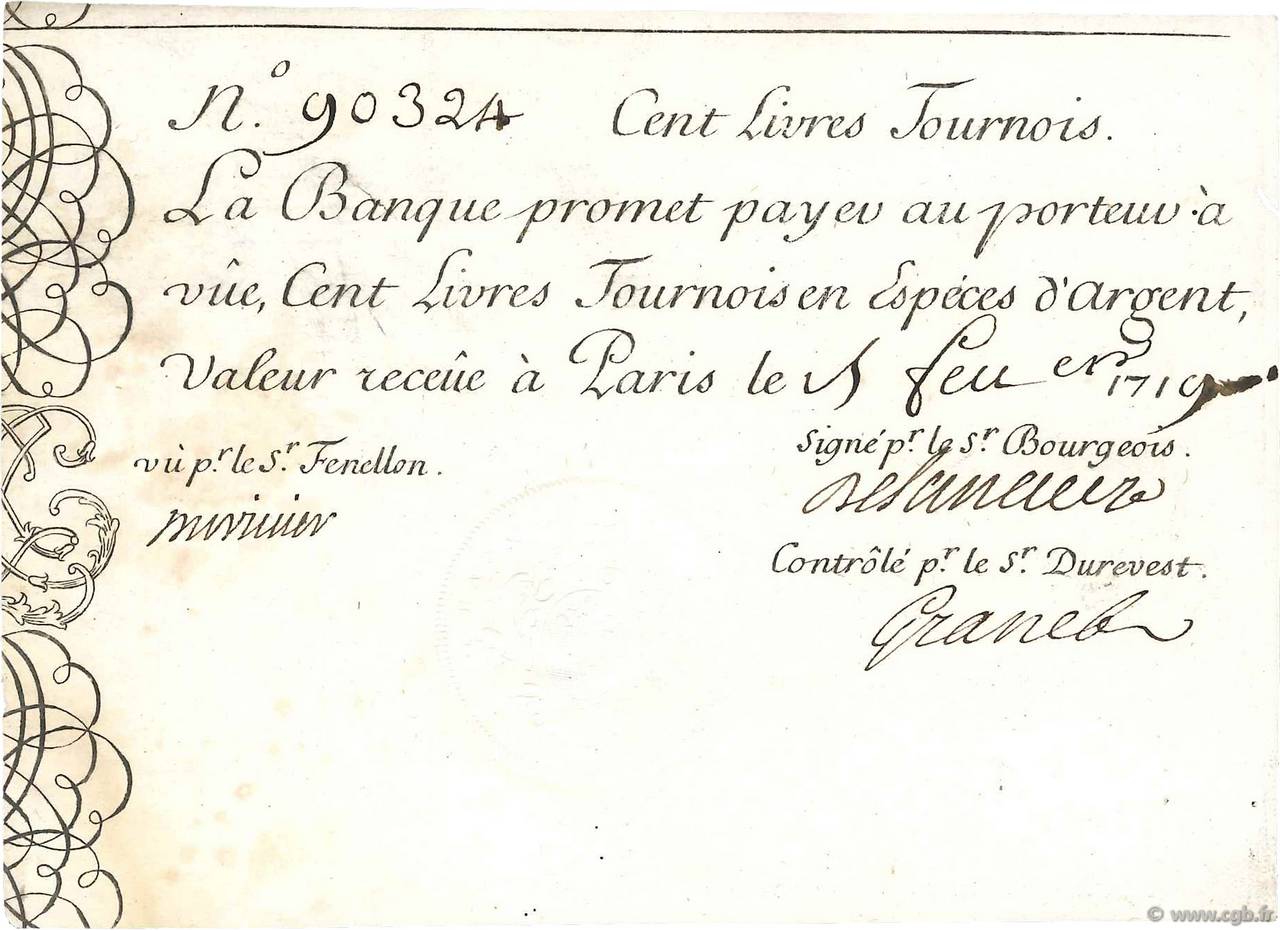 100 Livres Tournois gravé FRANCE  1719 Dor.04 XF-
