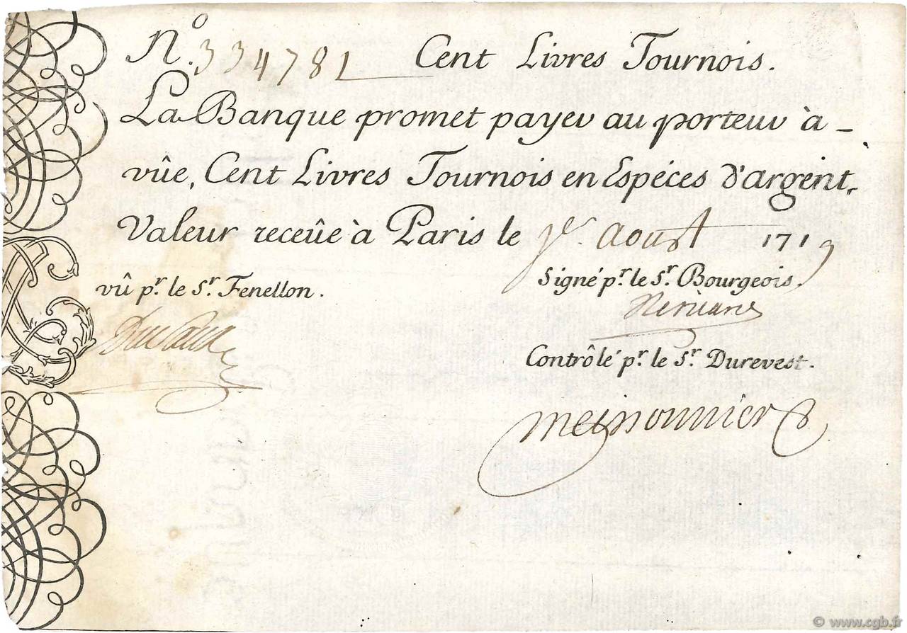 100 Livres Tournois gravé FRANCE  1719 Dor.07 TTB
