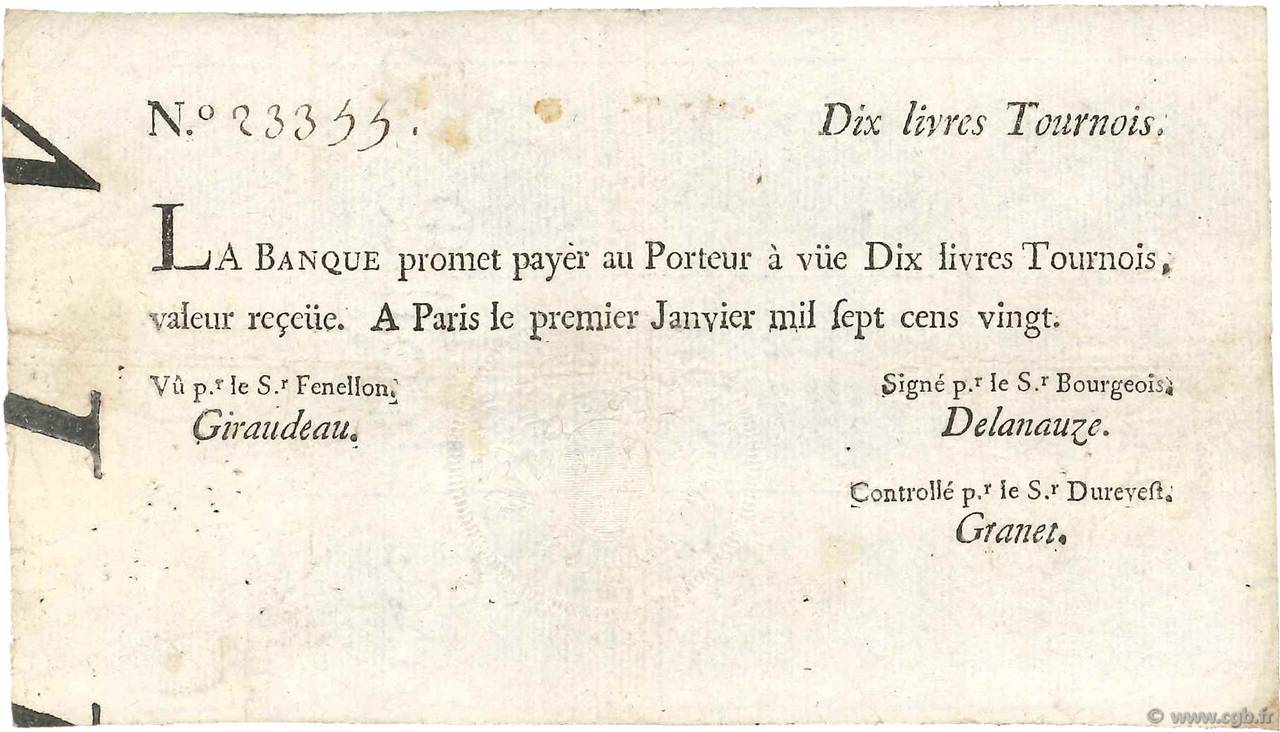 10 Livres Tournois typographié FRANCE  1720 Dor.20 VF