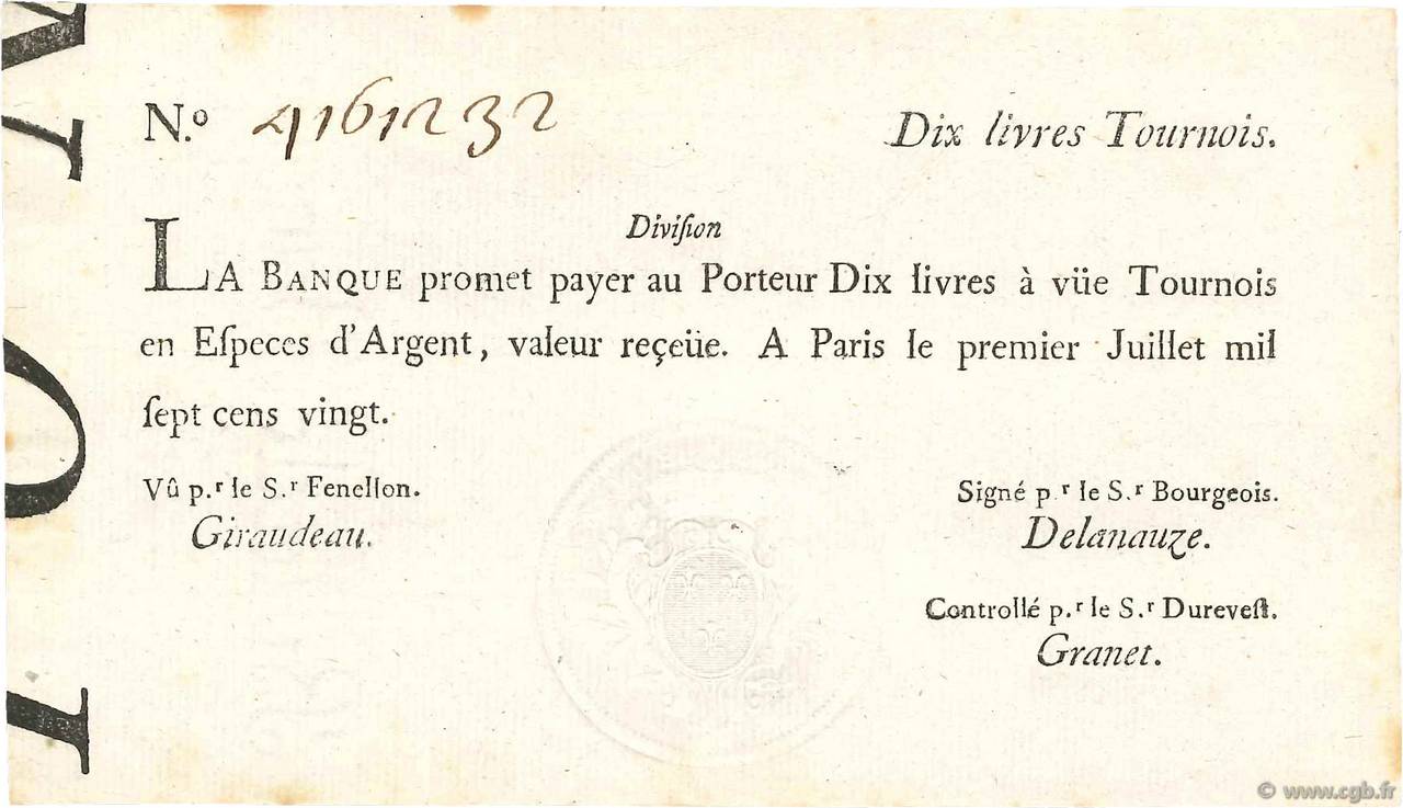 10 Livres Tournois typographié FRANCE  1720 Dor.22b XF