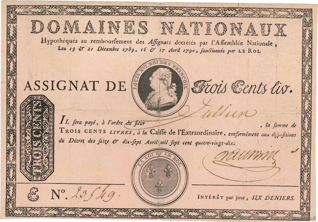 300 Livres sans coupons FRANCE  1790 Ass.02b TTB
