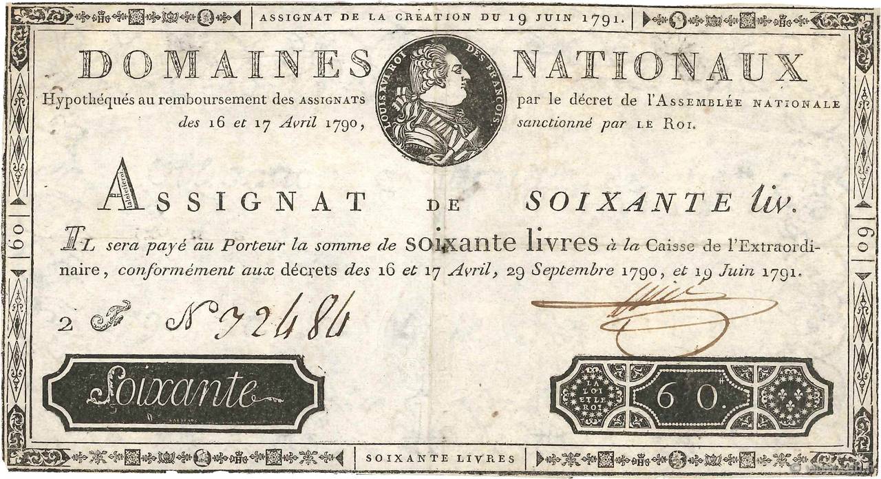60 Livres Faux FRANCE  1791 Ass.14a TB