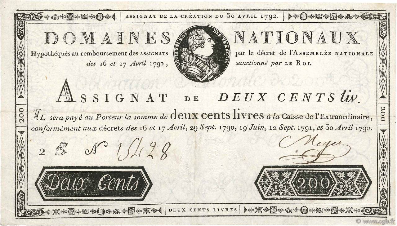 200 Livres filigrane 1792 FRANCE  1792 Ass.29b VF+