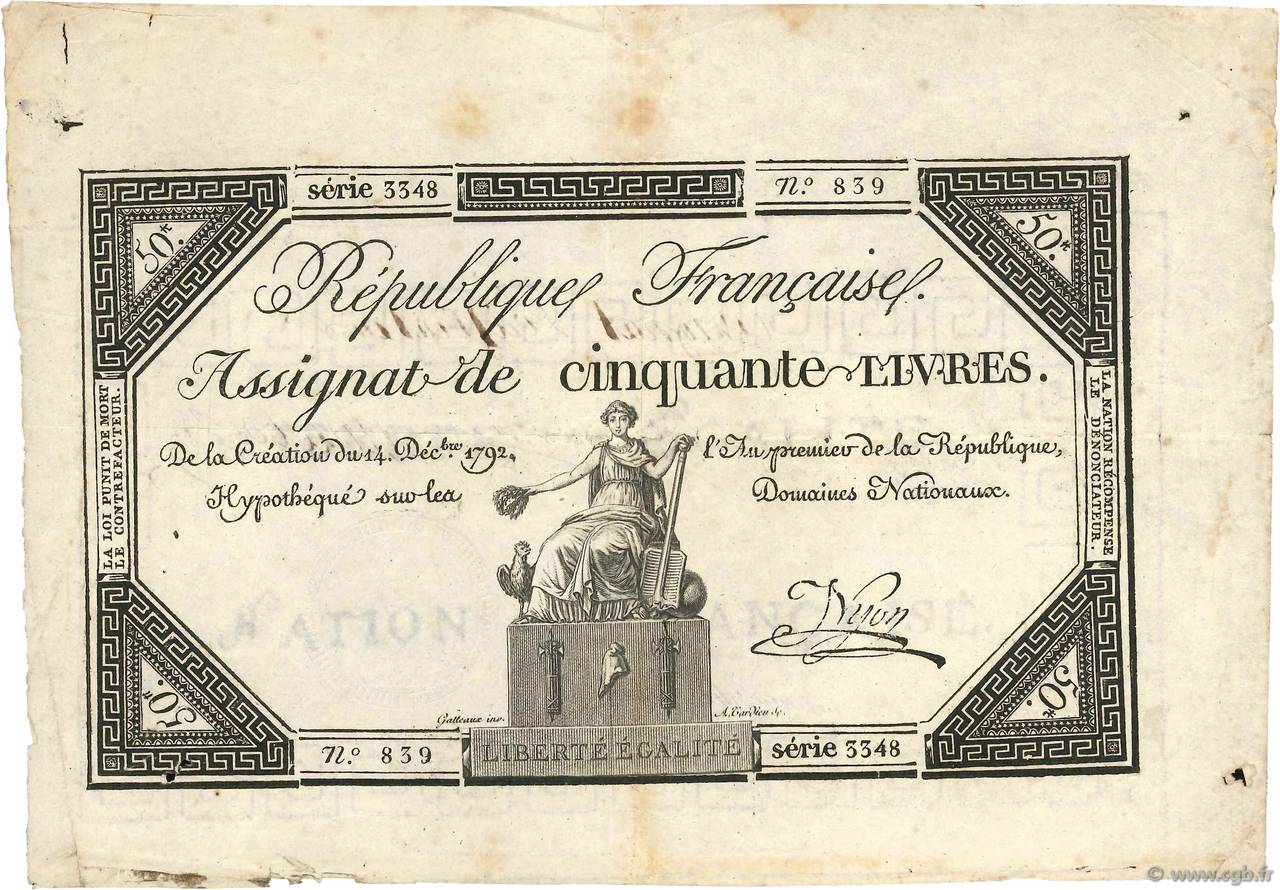 50 Livres Vérificateur FRANCE  1792 Ass.39v VF