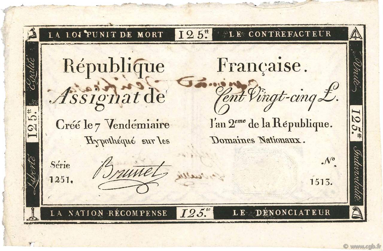 125 Livres Vérificateur FRANCE  1793 Ass.44v VF