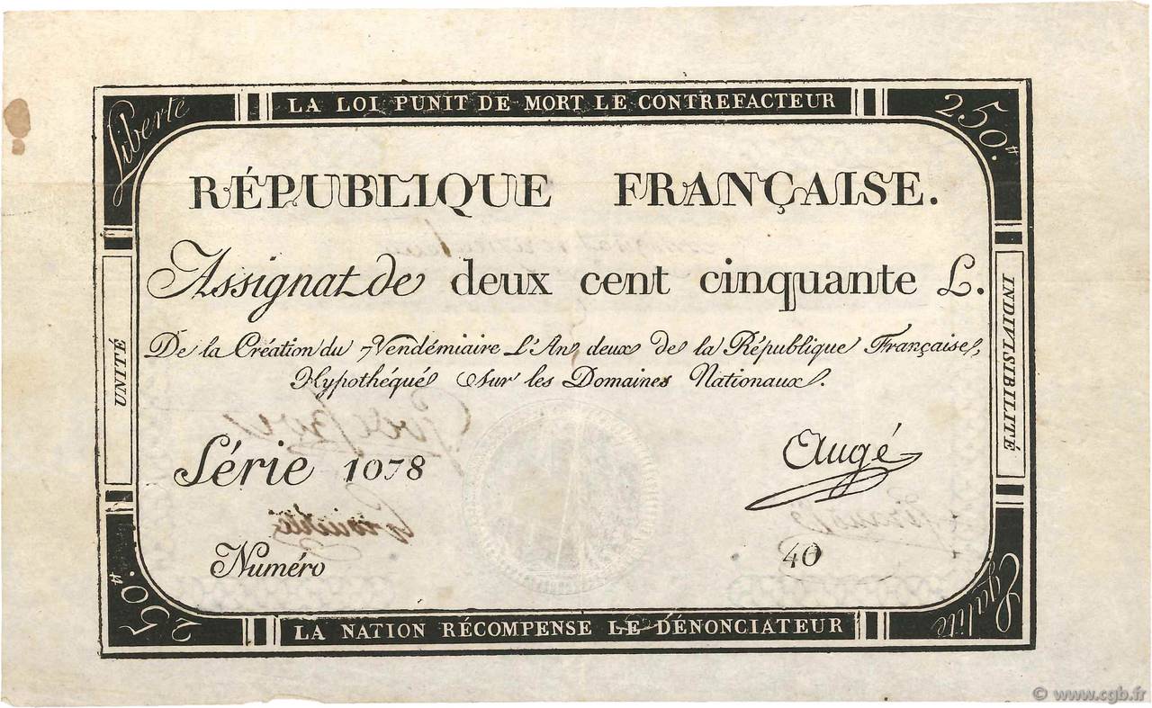 250 Livres Vérificateur FRANCE  1793 Ass.45v VF+