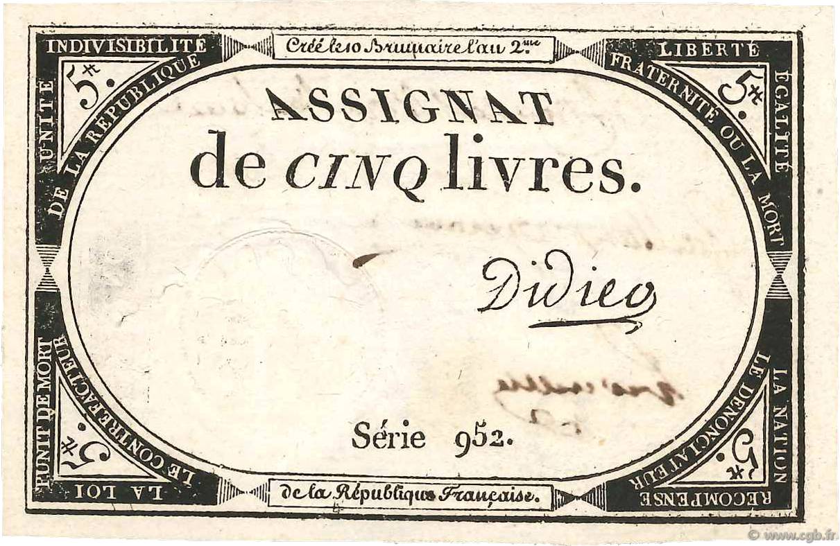 5 Livres Vérificateur FRANCIA  1793 Ass.46v AU