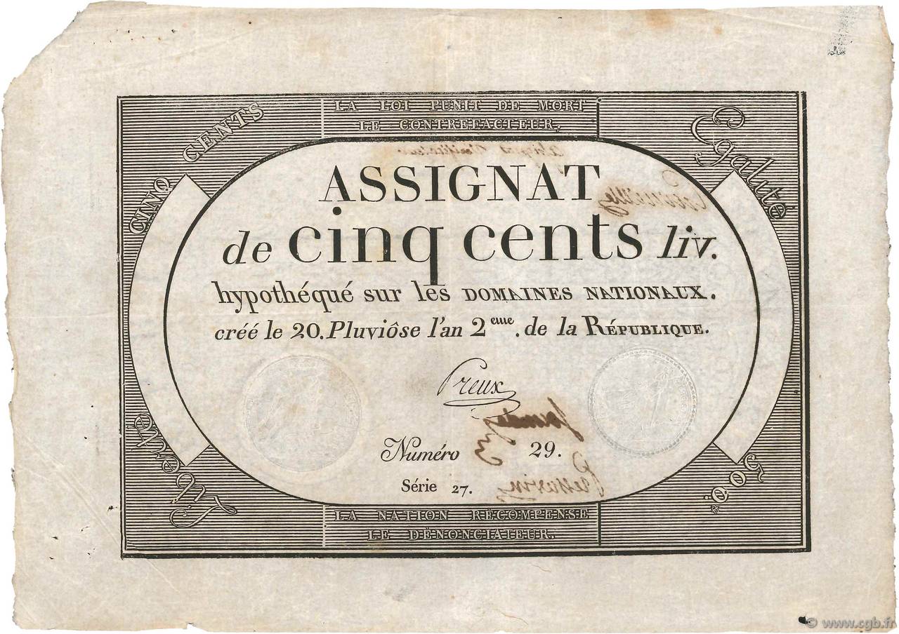 500 Livres Vérificateur FRANCIA  1796 Ass.47v SPL