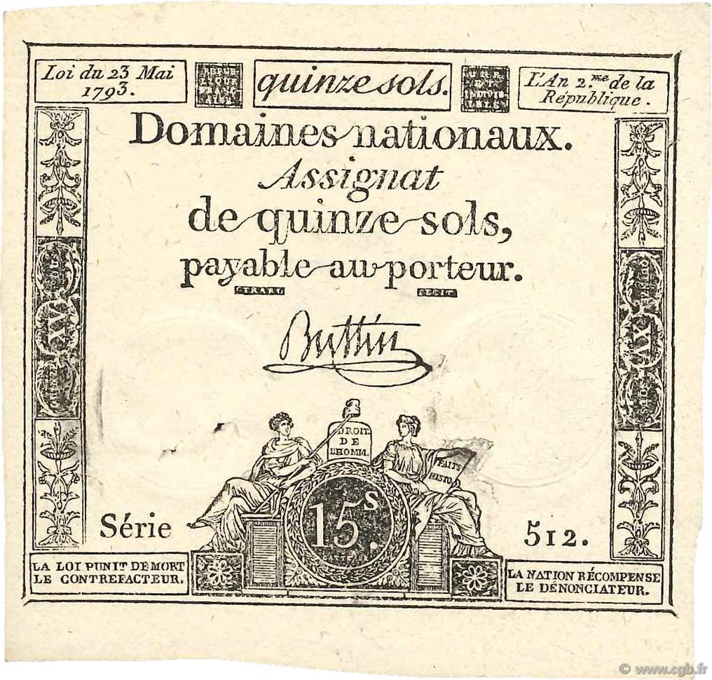 15 Sols Vérificateur FRANCE  1793 Ass.41v AU