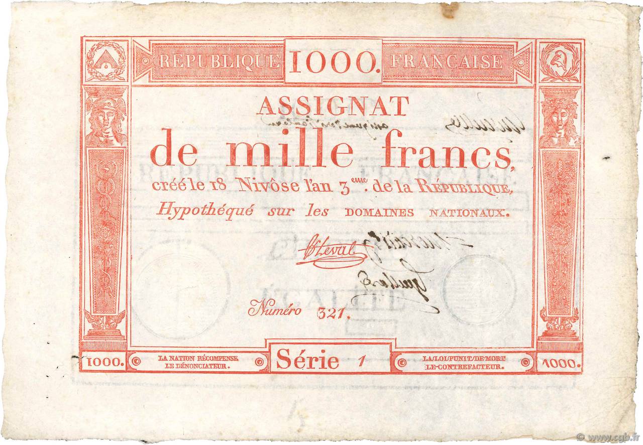 1000 Francs Vérificateur FRANCE  1795 Ass.50v TTB+